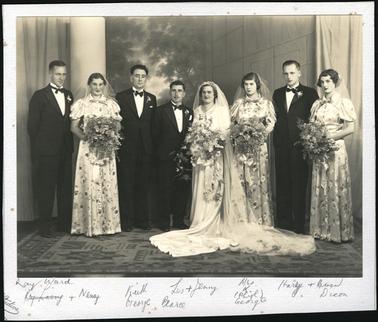 A Wedding group photo from left Ray and Nancy Ward, Keith George, Les and Jenny Pearce (Bride and Groom), 
Phyl George | Harry and Gwen Dixon