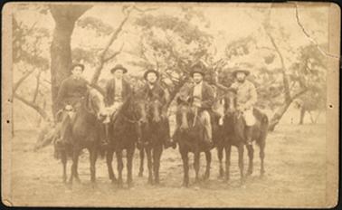 The image is of five young men on horseback. The inscription on back of photo reads “Somerville young men about c1890 Bill Murray, Dick Hobley, Ted Turner, Steve Absolom” 