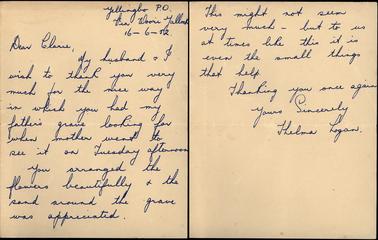 This is a photograph of a letter. to Clarrie Free from Thelma Logan. It is handwritten in blue ink. 