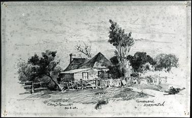 Copy of a pencil sketch of “Gravesend” which depicts is an old weather board homestead with skillion roof and lean to at the back surrounded by a post and rail fence and trees. With the bay in the background.