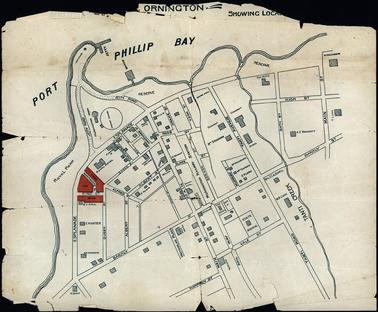This is a photograph of an early map of Mornington, It shows the Railway Station, and various properties along the Esplanade have the name of the owner:-E. Hunter, Townsend, and Hall. It is a very simple map. There is a cricket ground shown in the centre of Mornington Park. Royal Park is shown, in front of the Royal Hotel. The Jetty and Mornington Baths are shown.