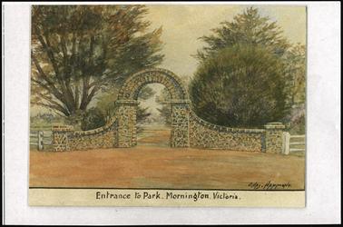 This is a copy of a water colour painting showing the Gate to Mornington Park. It shows an arched gate sloping down to a small wall either side. It is made from local stone.
