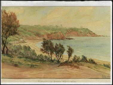 This is a copy of a water colour painting showing a view of the beach from the cliff top. There are a few houses shown on the distant point. On the beach are a few bathing boxes. In the centre of the image and in the foreground is some Ti Tree.