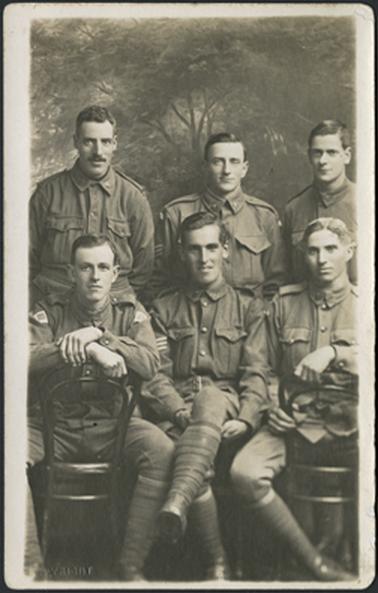 A group photo of six members of the 24th Battallion 6th Brigade, names of those in photo are Harry Bunce,  Ernie White, Harry Harrison ???