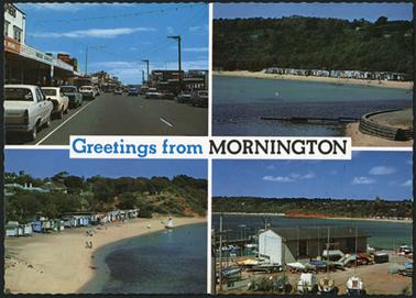This postcard shows four views of Mornington. The views are of Main Street, two of the beaches and the Yacht Club. The beach scenes show many bathing boxes.