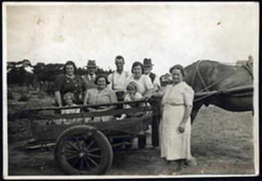 This photo shows a family group with their horse and cart. One woman and two children are sitting in the cart, and several are stood behind the cart. One woman is stood to the right, near the horse. They are all in summer clothes. The women, four in all, are all buxom well fed individuals. The men (three in all) are leaner, and two are wearing trilby hats. One has a moustache.
