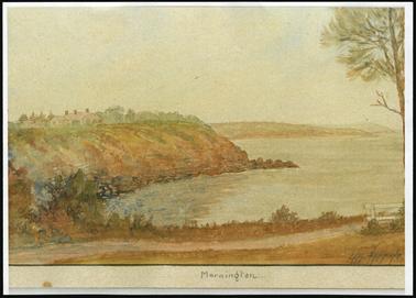 This is a copy of a water colour painting by Charlie Hammond. It shows Schnapper Point with a house visible on top of the embankment. Port Philip Bay appears calm. There is a tree to the right of the picture.