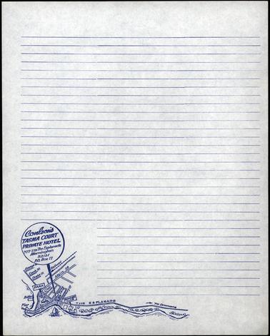 This photograph is of a piece of lined note paper. In the bottom left hand corner it states: Coulson’s Tasma Court Private Hotel, The Esplanade, Mornington. 52131 P.O. Box 17. The printing is in blue.