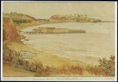 This is a photocopy of a water colour looking down on to the Mornington Baths. To the left are several small row boats on the beach.