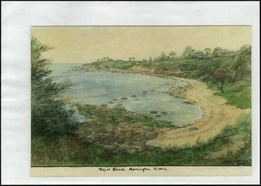 This is a photocopy of a water colour painting looking down on Royal Beach from the direction of the Royal Hotel. On the top of the hill at the right of the image are two small cottages.