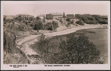 This photo shows a sweeping view of the beach with both Kirkpatrick’s and the Royal Hotels clearly shown on the crest of the embankment. The beach is deserted, and there are some rocky patches along the beach. There are scattered trees in the picture, and the top of a tree in the foreground. 
