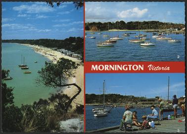 This postcard shows three views of Mornington. One view is of the beach, and the second is from the Pier looking toward the Yacht Club,. The third shows the Yacht Club in the distance with various small boats on the Bay in front of the Club. The photos shown are taken in bright sunlight, and there are many bathers shown on the beach, and lots of bathing boxes are shown. In the photo of the Pier, there are families fishing.  
 