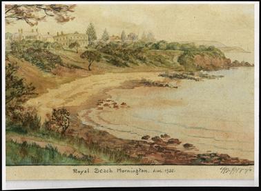 This is a photocopy of a water colour painting looking down on to the beach. The Royal Hotel and Kirkpatrick’s Hotel at the top of the embankment, and the beach below.  
