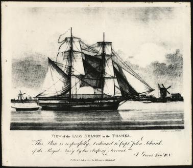 This is an image of a sailing ship. It appears to be under full sail. There is a small boat being towed behind. The sea shore can be seen with a windmill on either side of the ship. 