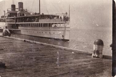 B & W image of Weeroona approaching a pier