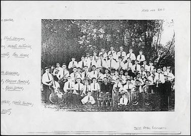 A group photo of the Mornington Band, taken at the Esplanade, Mornington, 1930, names of members at back of photo