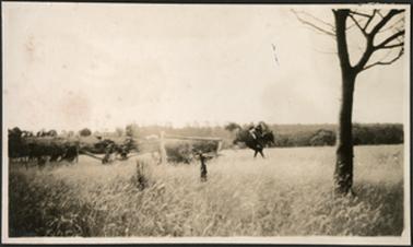The image shows a man on horseback jumping over fence
