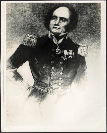 This shows a gentleman in uniform. He has medals on his chest, and epaulettes on his shoulders. He has a very high forehead, and black hair with side whiskers. 