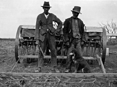 Two men, identified as Herb Downward and Old Jack, and a dog standing in front of a seed drill and behind a scarifier on a paddock.