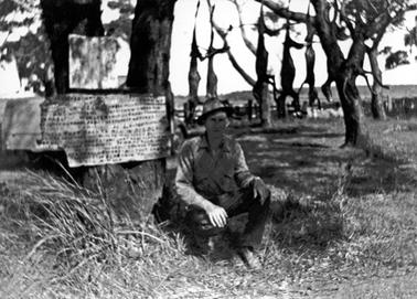 Tree trunk with attached signs, illegible at this distance. About eight dead foxes hang from a branch on the right and a young man in a hat is squatting on his haunches in front of the tree.
