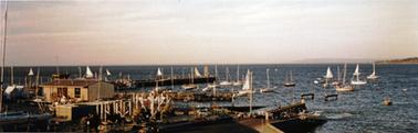 A pier complex on a bay with a small rectangular building next to a boat storage area with several yachts at sea and others moored near the pier. It is a cloudy day and the water is calm and a dark bluecolour.
