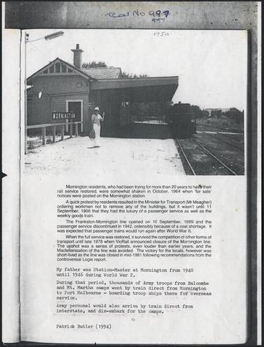 The image shows a woman standing on the platform of the station with a locomotive at the right of the picture, in the foreground a written history