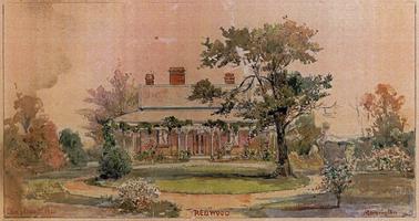 Painting (dated 1920) of Alfred Downward’s house “Redwood” by Charles Bennett, a noted Melbourne painter. The house and garden are more developed and elegant than the earlier photograph from c1893 