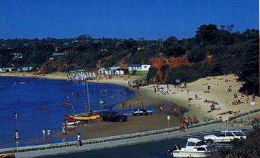 This photograph of a sunny scene at a beach includes a small bay on the left bordered by a sandy beach with a cliff behind containing houses among trees and shrubs and clear blue sky above that. The beach is populated by many people enjoying the sunshine, beach and water. In the foreground there is a wooden walkway extending out to sea on the left, two cars are backed on  to the shallows in front of a yellow, bare masted yacht. There are boat sheds at the rear of the beach and a larger building to the right, its upper half is white and the lower is green. There are ten or more small yachts in a group on the edge of the beach in front of the group of boat sheds.