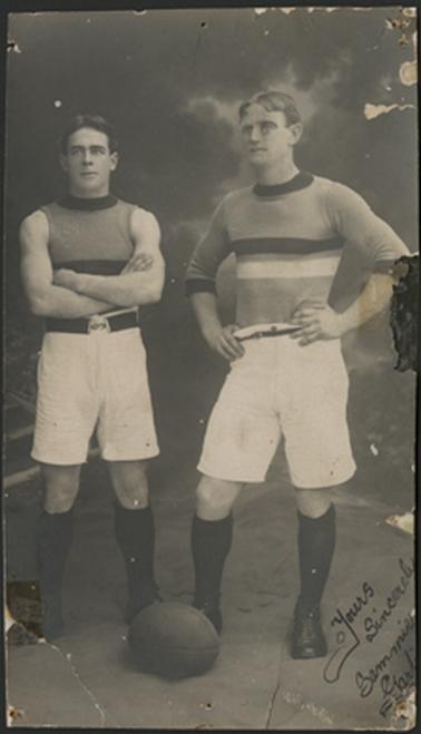 The image is of two Mornington Football players, left, Sam Garlick with arms crossed and J. Connell with his hands on hips