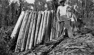 Young man with axe standing in front of a row of timber posts. There is a light forest in the background.