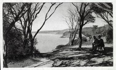 This image shows a view across the Bay from the headland. On the right are two men sitting in suits and hats. They are in shady spot under the trees. 